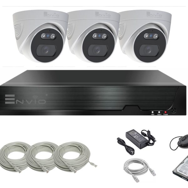 Kit/sistem supraveghere video complet ENVIO IP POE cu 3 camere Full Color 4MP PESS-KIT3CHDFM70H400-WMHDD