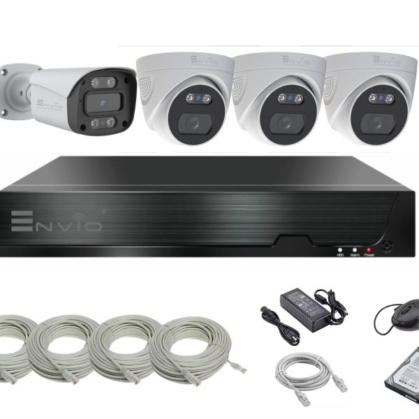 Sistem supraveghere video complet ENVIO IP POE cu 4 camere Full Color 5MP PESS-KIT4CH1BFM60H50013FM70H500S-WMHDD