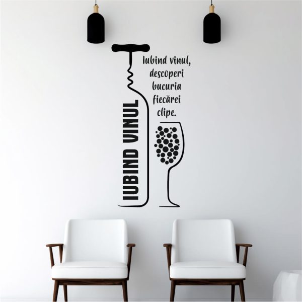 Sticker perete siluetă - Sticlă cu Pahar vin - Citat